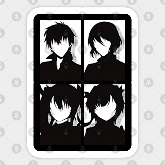 The Misfit of Demon King Academy or Maou Gakuin Anime Characters : Anos Voldigoad, Misha Necron, Sasha Necron, and Lay Glanzudlii in Black and white Minimalist Pop art Design Sticker by Animangapoi